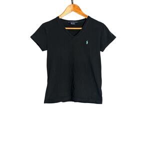 Ralph‎ Lauren Sport Black Cotton V-Neck Tee Aqua Pony Logo S